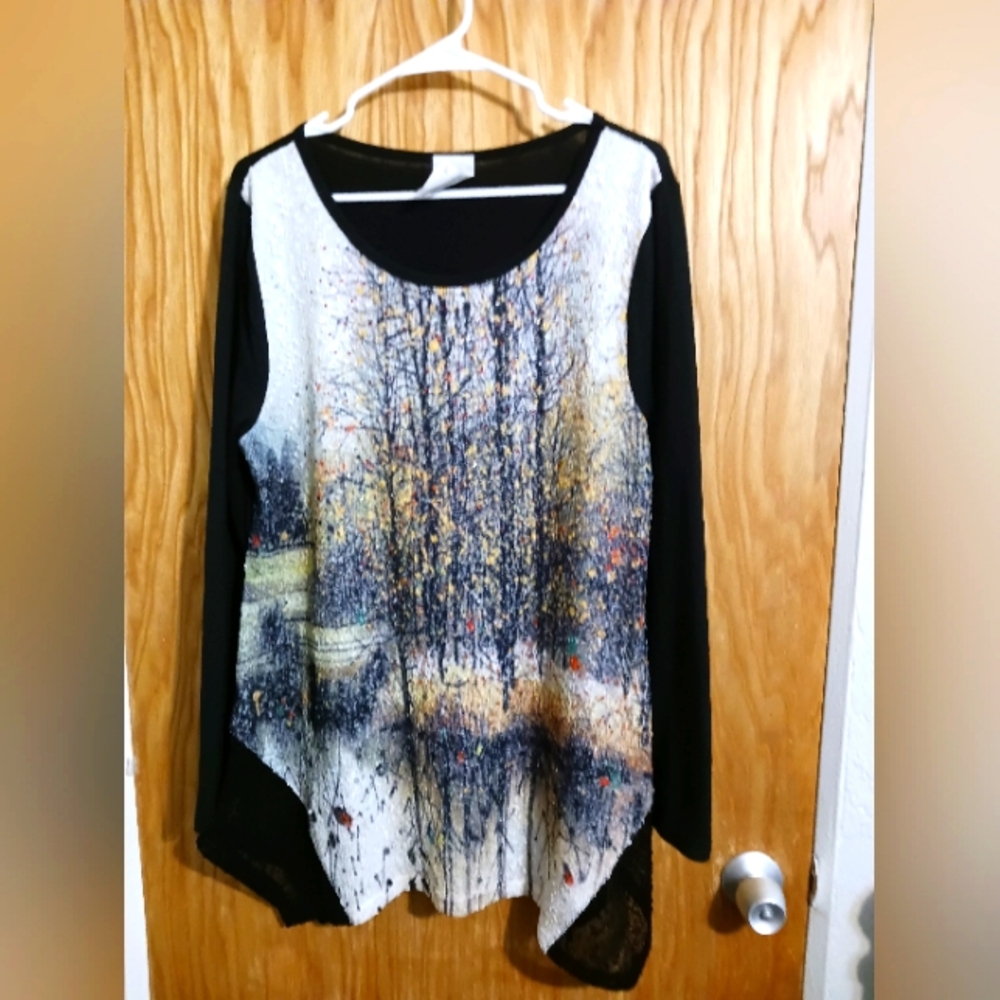 Flew De Lis Art To Wear Multicolor Tunic LS Top Womens Size XL